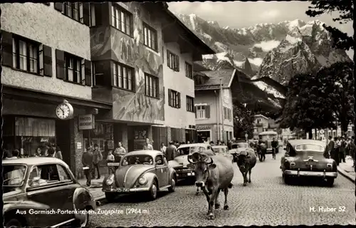 Ak Garmisch Partenkirchen in Oberbayern, Zugspitze, Straßenszene, Kühe, Viehtrieb