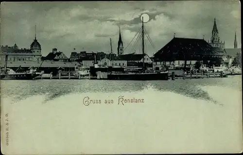 Mondschein Ak Konstanz am Bodensee, Teilansicht, Segelschiff, Nacht