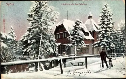 Ak Oybin in der Oberlausitz, Töpferbaude im Winter, Schlitten, Schnee