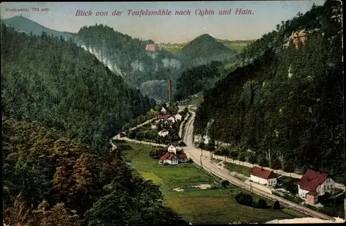 Ak Oybin in der Oberlausitz, Blick von der Teufelsmühle nach Oybin und Hain