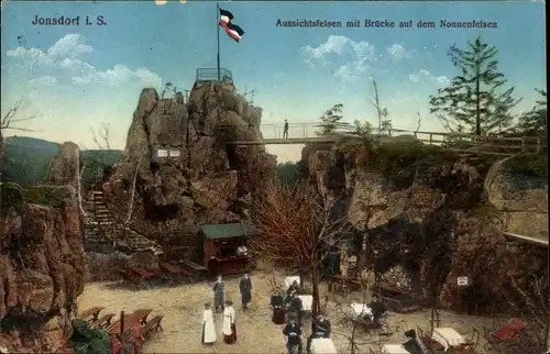 Ak Jonsdorf in Sachsen, Aussichtsfelsen mit Brücke auf dem Nonnenfelsen