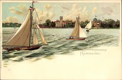 Litho Hamburg Nord Uhlenhorst, Segelboote, Teilansicht