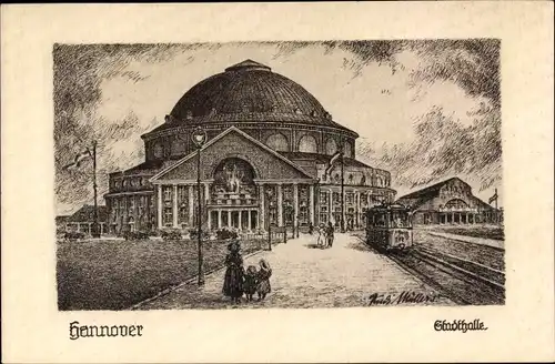 Künstler Ak Müllers, Rudi, Hannover in Niedersachsen, Stadthalle, Außenansicht, Straßenbahn