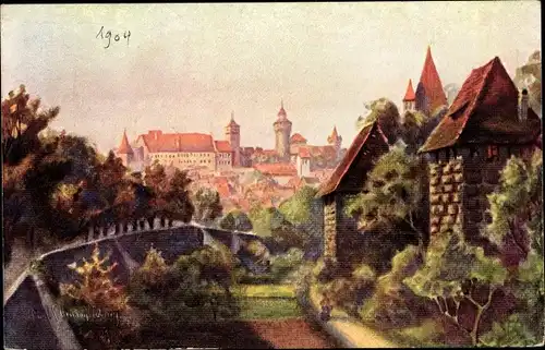 Ak Nürnberg in Mittelfranken, Panorama, Blick vom Spittlertor, Stadtmauer