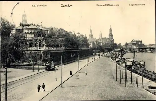 Ak Dresden Altstadt, Kgl. Belvedere, Dampfschifflandeplatz, Augustusbrücke