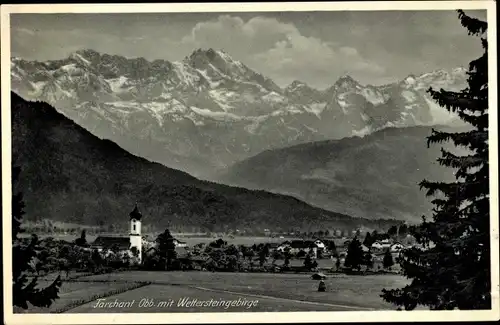 Ak Farchant Oberbayern, Panorama mit Wettersteingebirge, Kirchturm