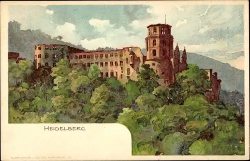 Künstler Litho Mutter, K., Heidelberg am Neckar, Schloss, Teilansicht der Ruine