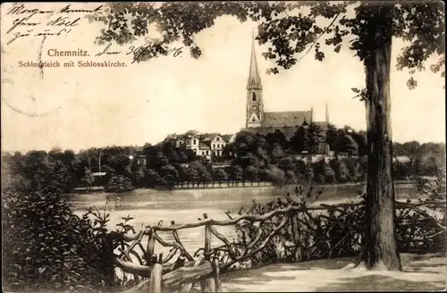 Ak Chemnitz in Sachsen, Schlossteich mit Schlosskirche