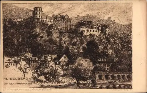 Künstler Ak Heidelberg am Neckar, von der Hirschgasse, Schloss