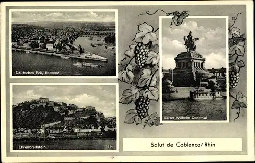 Ak Ehrenbreitstein Koblenz am Rhein, Deutsches Eck, Kaiser-Wilhelm-Denkmal