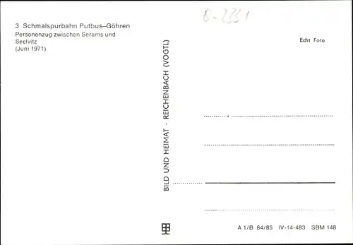 Ak Schmalspurbahn Putbus Göhren, Personenzug zwischen Seerams und Seelvitz 1971