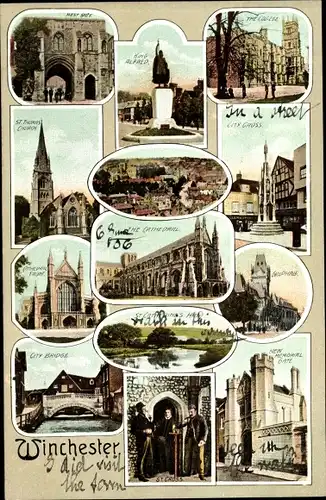 Ak Winchester South East England, City Cross, King Alfred, Church, City Bridge
