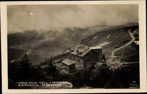 Ak Elbfallbaude, Labská bouda, Riesengebirge, Außenansicht, Vogelschau