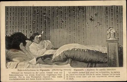 Ak Signeulx Musson Wallonien Luxemburg, Bahnwärterhaus, Frau im Wochenbett, Einschusslöcher, I WK