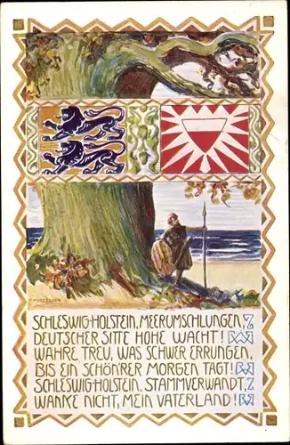 Künstler Ak Schleswig-Holstein meerumschlungen, Wappen, Hymne