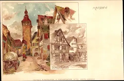 Künstler Litho Schmohl, P., Marbach in Baden Württemberg, Stadtansicht, Schillerhaus, Nr. 22