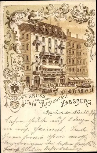 Litho München Bayern, Cafe Restaurant Habsburg, Pferdestraßenbahnen