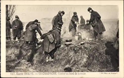 Ak En Champagne, Cuisine au bord de la route, französische Soldaten, I WK