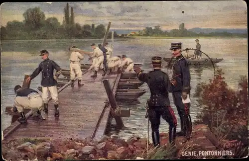 Künstler Ak Beraud, N., Le Genie, Pontonniers, Französische Soldaten beim Bau einer Schiffbrücke