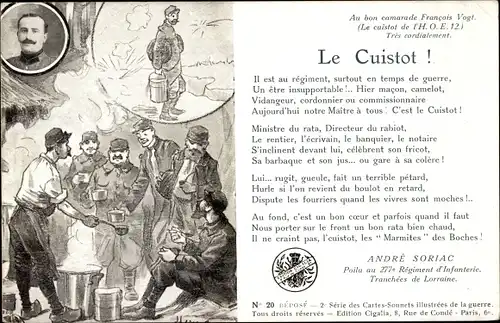 Gedicht Ak Le Cuistot, au bon camarade Francois Vogt, Andre Soriac, Poilu au 277e Reg. d'Infanterie