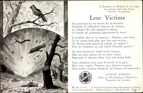Gedicht Ak Leur Victime, Andre Soriac, Poilu au 277e Regt. d'Infanterie