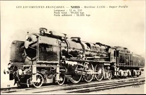 Ak Französische Eisenbahn, Nord, Dampflok, Tender 3.1236, Super Pacific