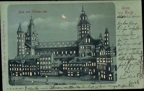 Mondschein Litho Mainz am Rhein, Dom vom Höfchen aus bei Nacht