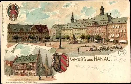 Präge Wappen Künstler Litho Joost, R., Hanau Main Kinzig Kreis, Rathaus, Marktplatz