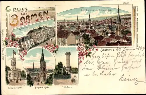 Litho Barmen Wuppertal, Totale, Tölleturm, Kriegerdenkmal, Kirche, Gymnasium