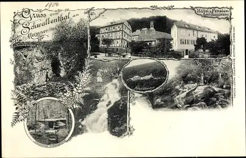 Ak Meißner in Hessen, Schwalbenthal, Hotel Pension, Wasserfall, Seesteine Schutzhütte, Schwalbental