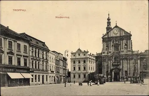 Ak Opava Troppau Region Mährisch Schlesien, Niederring, Kirche, Geschäft