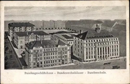 Ak Leipzig in Sachsen, Bundesgeschäftshaus, Bundeswohnhäuser, Bundesschule