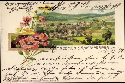 Litho Kammerberg Manebach Ilmenau in Thüringen, Blick auf den Ort, Mohnblumen