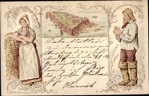 Vorläufer Litho Nordseeinsel Helgoland, Totalansicht der Insel, Fischer, Frau in Tracht, 1890