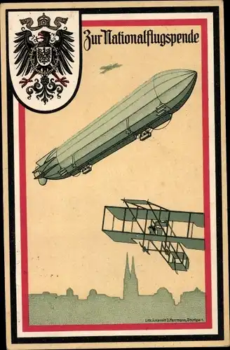 Wappen Litho Zur Nationalflugspende, Zeppelin, Doppeldecker