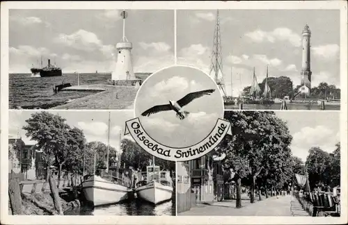 Ak Świnoujście Swinemünde Pommern, Leuchtturm, Straßenpartie, Boote