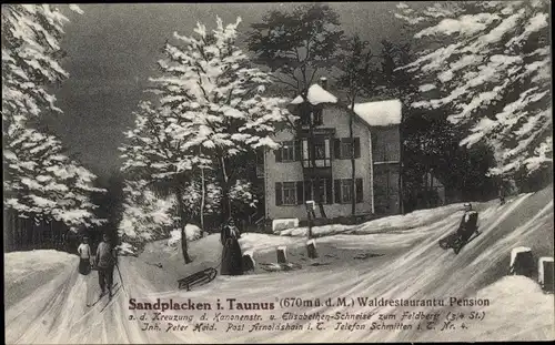 Ak Sandplacken Oberursel im Taunus Hessen, Waldrestaurant und Pension im Winter