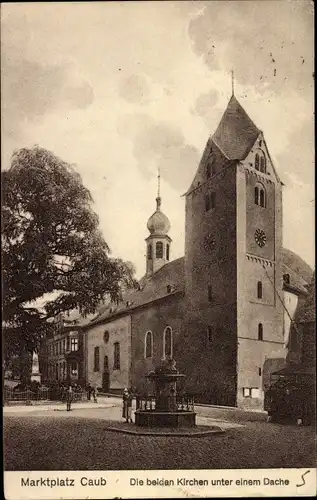 Ak Caub Kaub am Rhein, Die beiden Kirchen unter einem Dach