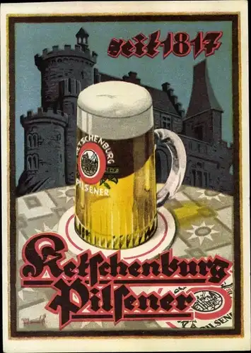 Künstler Ak Reklame, Ketschenburg Pilsener, Brauerei, Bierglas