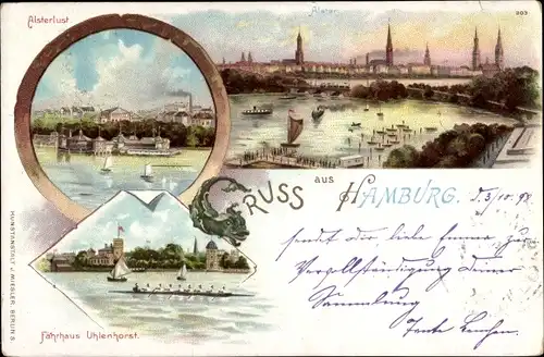 Litho Hamburg, Alsterbassin, Alsterlust, Fährhaus Uhlenhorst, Sängerfahrt Leipziger Männerchor 1901