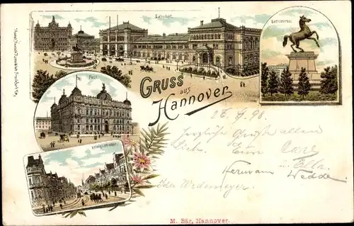 Litho Hannover in Niedersachsen, Bahnhof Front, Post, Königsstraße, Denkmal