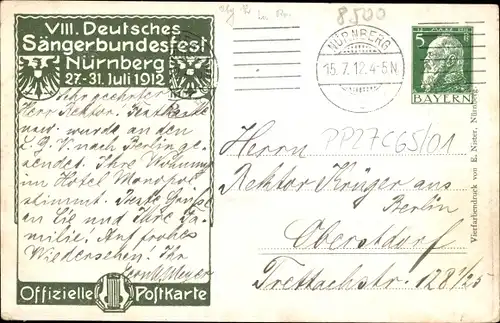 Ganzsachen Künstler Ak Durst, J., Nürnberg in Mittelfranken, 8. Dt. Sängerbundesfest 1912