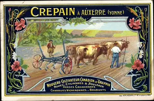 Ak Auxerre Yonne, Crepain, Nouveau Cultivateur Canadien le Grappin, Rinderpflug