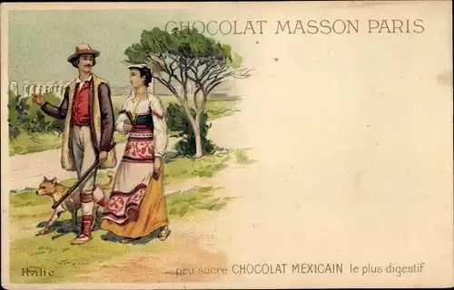 Litho Liebespaar, Spaziergang, Tracht, Hund, Werbung, Chocolat Masson Paris, Halie