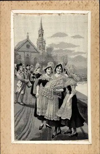Stoff Ak Mädchen in Tracht, Im Hintergrund Kirche