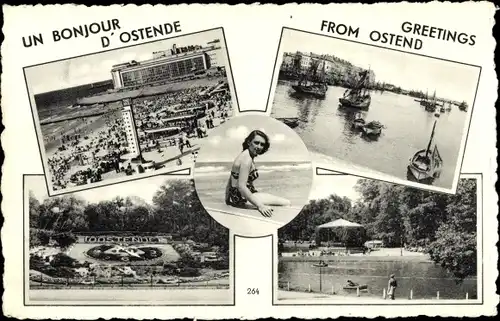 Ak Oostende Ostende Westflandern, Strandszene, Boote, Park, Frau im Badeanzug