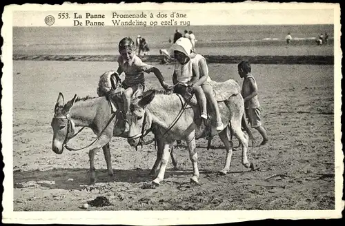 Ak La Panne Westflandern, Wandeling op ezel's rug, Kinder auf Eseln, Strand