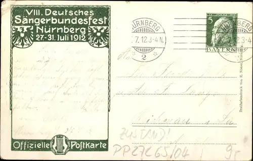 Ganzsachen Ak Nürnberg in Mittelfranken Bayern, 8. Deutsches Sängerbundesfest 1912, Sängerhalle