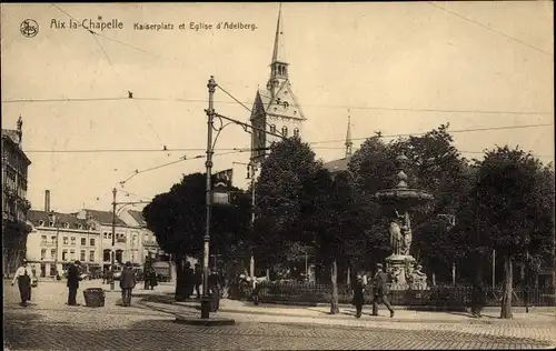 Ak Aachen in Nordrhein Westfalen, Kaiserplatz und St. Adalbertkirche, Kaiserbrunnen