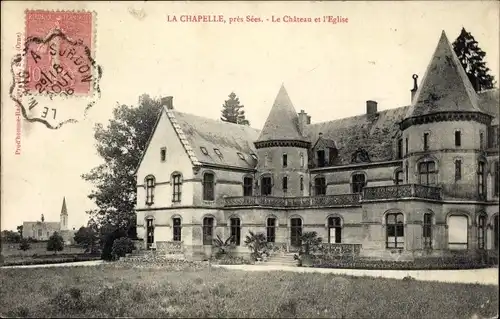 Ak La Chapelle près Sées Orne, Schloss und Kirche